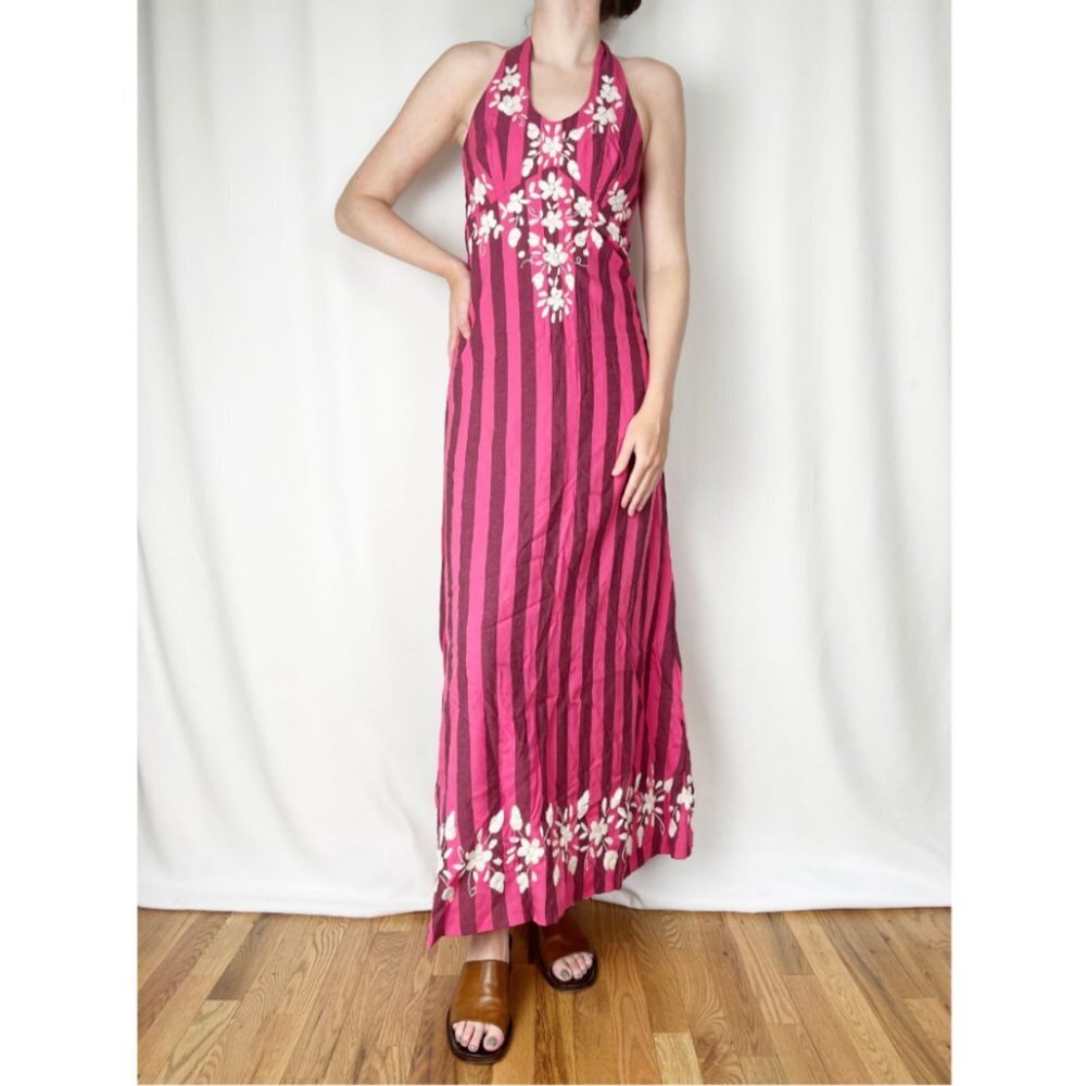 Vintage 70's Embroidered Maxi Striped Sleeveless Handmade Boho Halter Dress XS/S